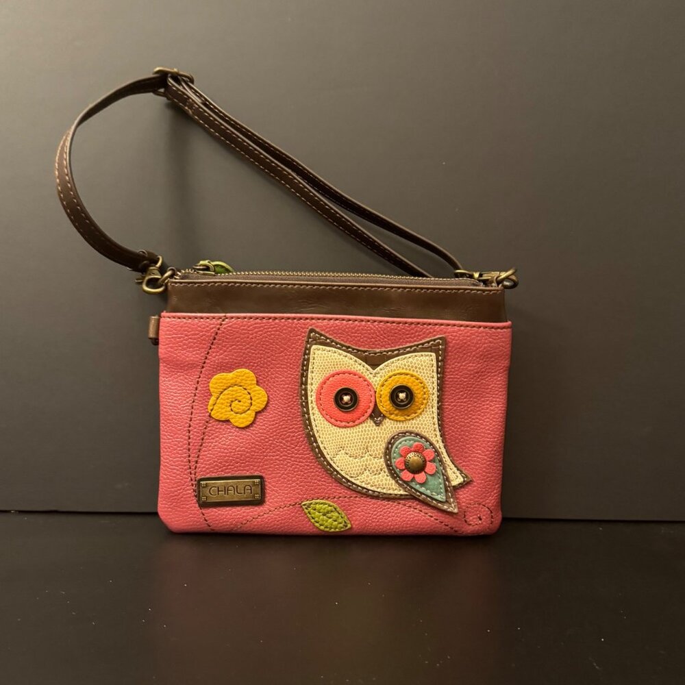 Chala Pink Owl Applique Crossbody Purse With Leather Accents & Adjustable Strap - Picture 2 of 14
